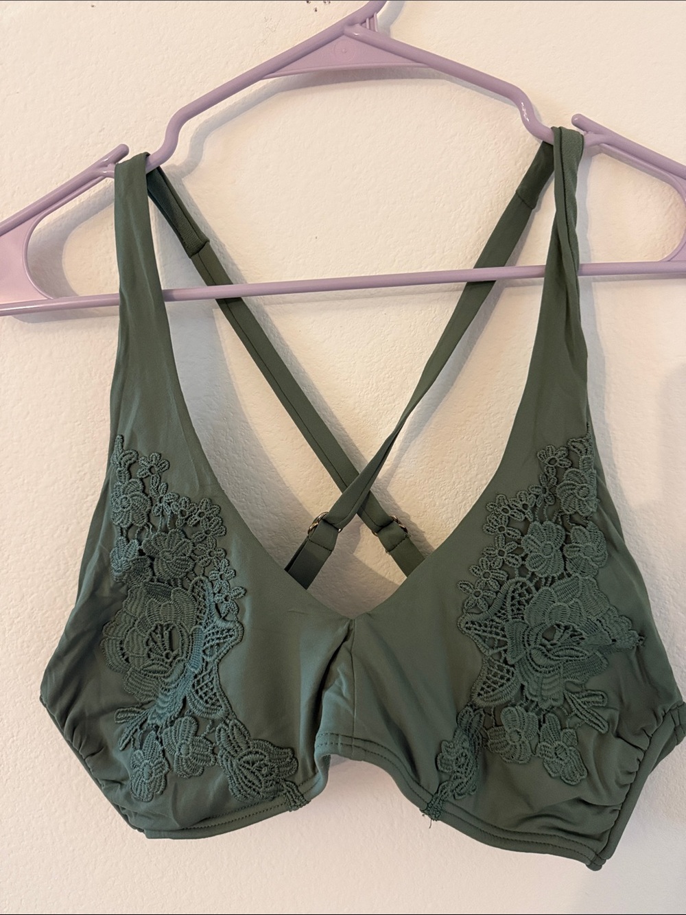 Ambrielle Olive Lace-Accent Cross-Back Bikini Top